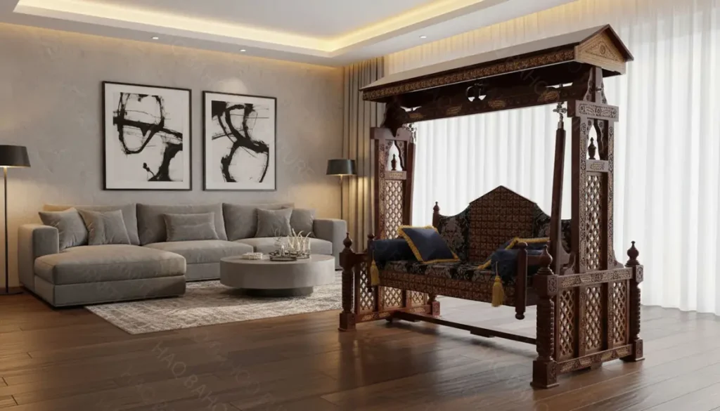 Rosewood hand-carved wooden swing set in natural wood finish by Haq Bahoo Furniture Pakistan