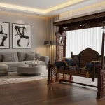 Rosewood hand-carved wooden swing set in natural wood finish by Haq Bahoo Furniture Pakistan
