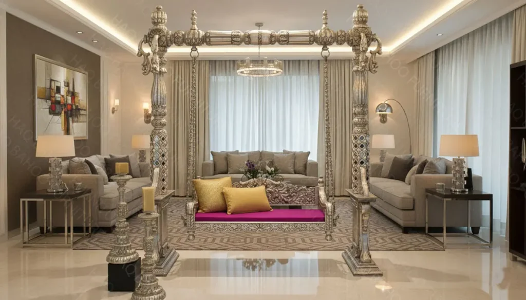 silver hand carved wooden swing for balcony