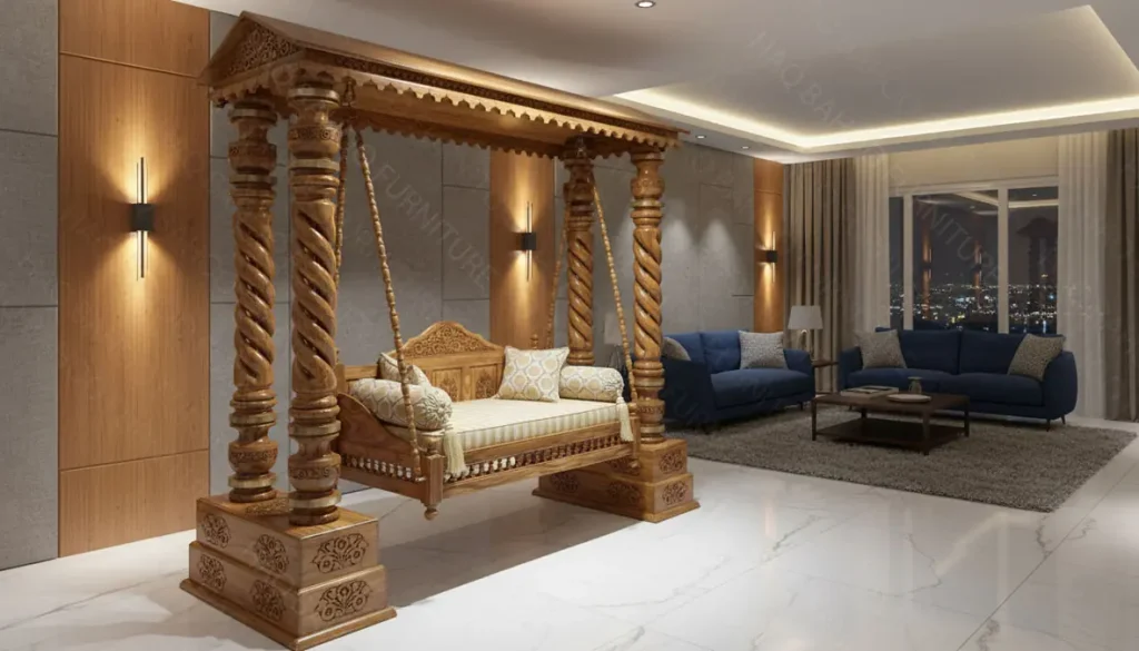 Handmade four-poster wooden garden swing by Haq Bahoo Furniture Chiniot, premium carved rosewood