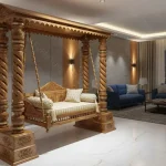 Handmade four-poster wooden garden swing by Haq Bahoo Furniture Chiniot, premium carved rosewood