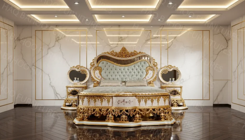 Luxury bed design in Pakistan with side tables and dressing
