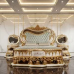 Luxury bed design in Pakistan with side tables and dressing