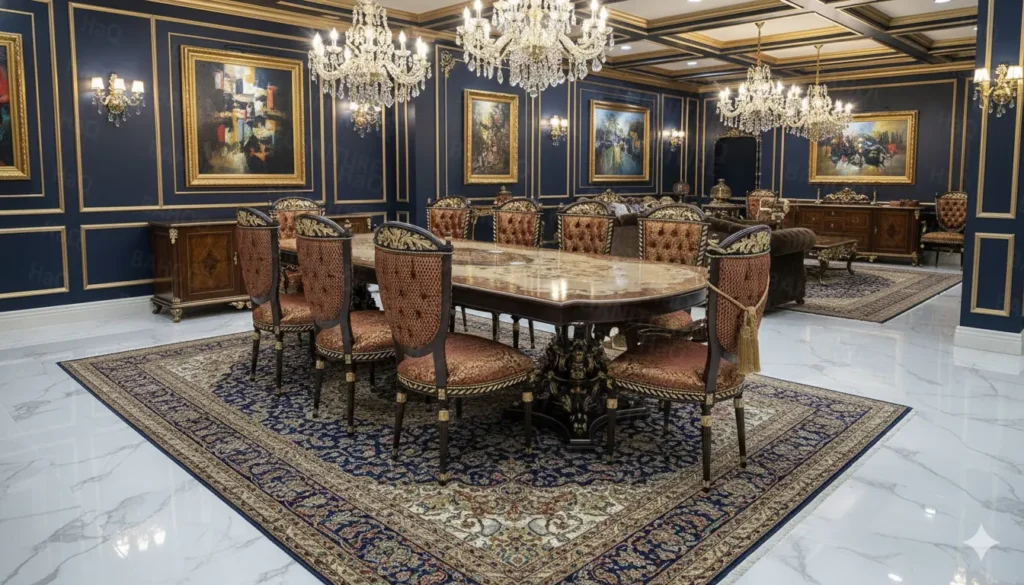 Handcrafted rosewood dining table set for 8 with carved chairs