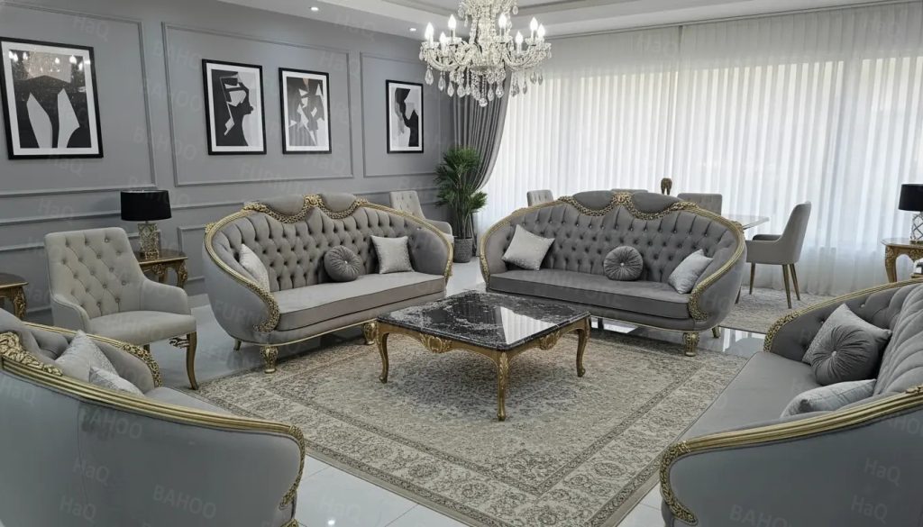 Luxury 7 seater rosewood sofa set with velvet fabric and hand-carved design
