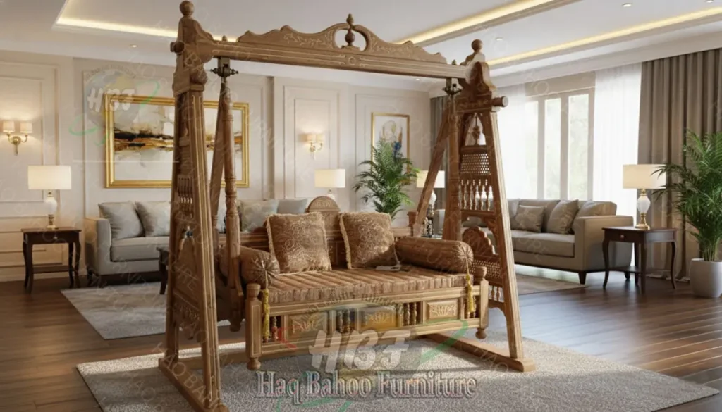 Rosewood inlaid backyard swing handmade by HB Furnitures Chiniot, premium carved wooden swing
