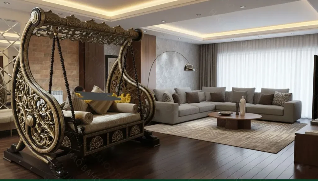 Handmade wooden swing set in premium rosewood by Haq Bahoo Furniture, fully carved and customizable