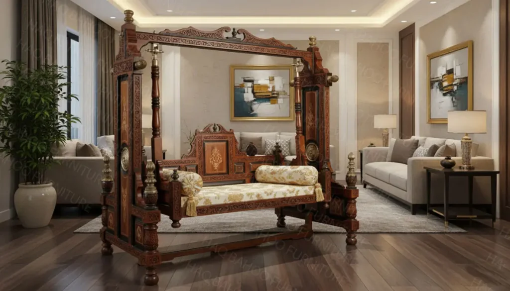 kashmiri wooden swing with inlaid work on side and dolly