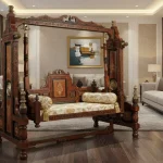 kashmiri wooden swing with inlaid work on side and dolly