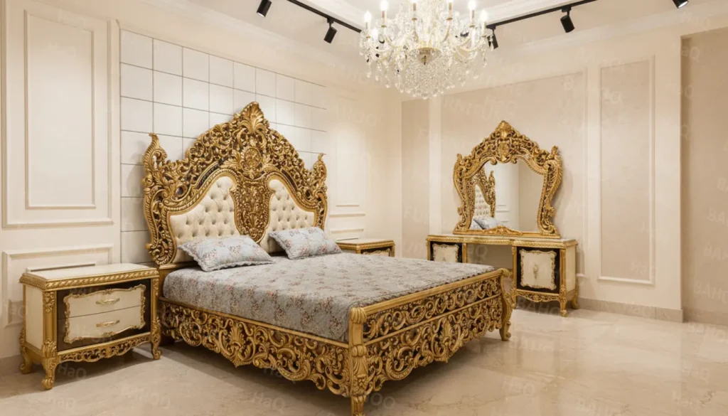 سرير خشب من خشب الروزوود مصنوع يدويًا ومحفور يدويًا بتصميم فاخر مع لمسة ذهبية أنيقة