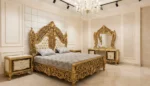 سرير خشب من خشب الروزوود مصنوع يدويًا ومحفور يدويًا بتصميم فاخر مع لمسة ذهبية أنيقة
