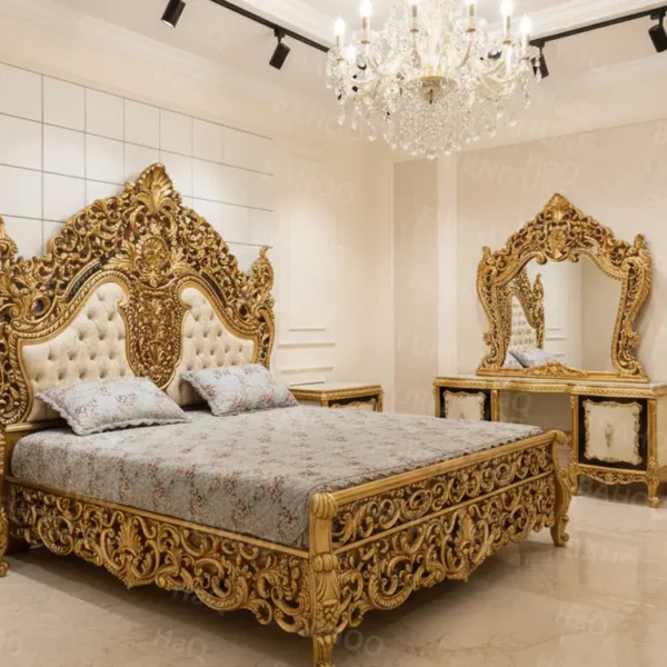سرير خشب من خشب الروزوود مصنوع يدويًا ومحفور يدويًا بتصميم فاخر مع لمسة ذهبية أنيقة