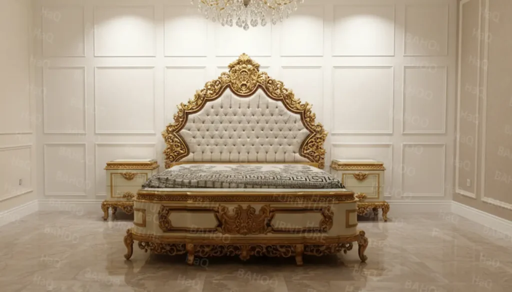 Luxury bed with upholstery and hand-carved wooden headboard