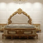 Luxury bed with upholstery and hand-carved wooden headboard