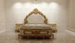 Luxury bed with upholstery and hand-carved wooden headboard