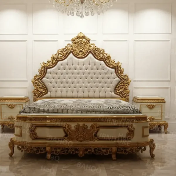 Luxury bed with upholstery and hand-carved wooden headboard