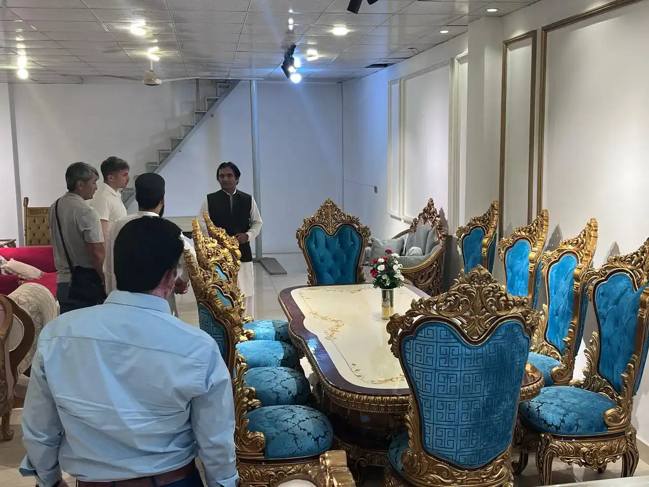 Kazakhstan delegation visiting haq bahoo furniture dining table section in chiniot furniture market