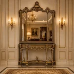 Luxury rosewood entryway table with carved mirror frame in antique golden finish handcrafted in Chiniot Pakistan