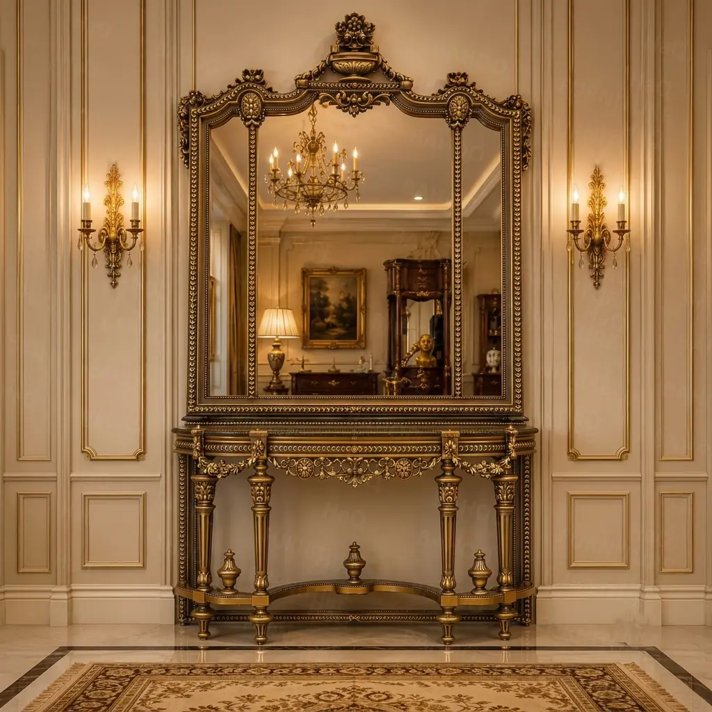 Luxury rosewood entryway table with carved mirror frame in antique golden finish handcrafted in Chiniot Pakistan