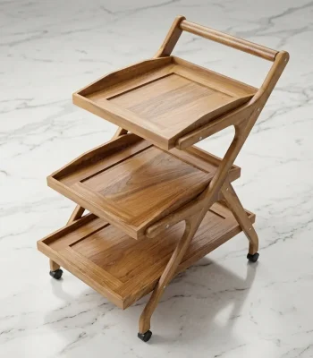 Handcrafted 3 tier rolling cart made from solid rosewood (Sheesham) by HAQ BAHOO Furniture.