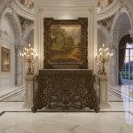 Handcrafted luxury Baroque console table with antique walnut finish and matching hand-carved mirror frame by HB Furnitures Chiniot Pakistan