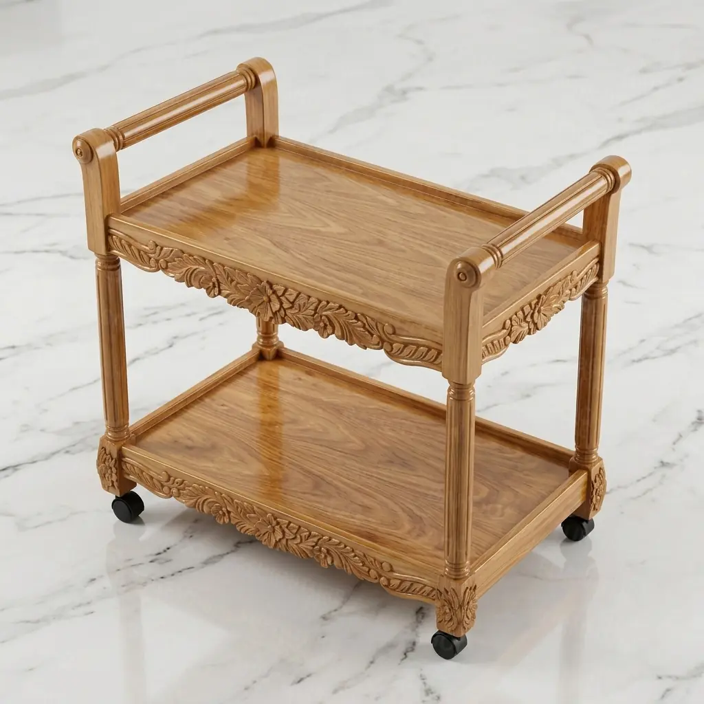 Hand carved Sheesham wood tea trolley with two shelves and flower carvings on white marble floor by Haq Bahoo Furniture