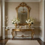 Handcrafted accent console with antique gold finish, white marble top, ornate hand-carved wooden mirror frame and classic European design by HB Furnitures