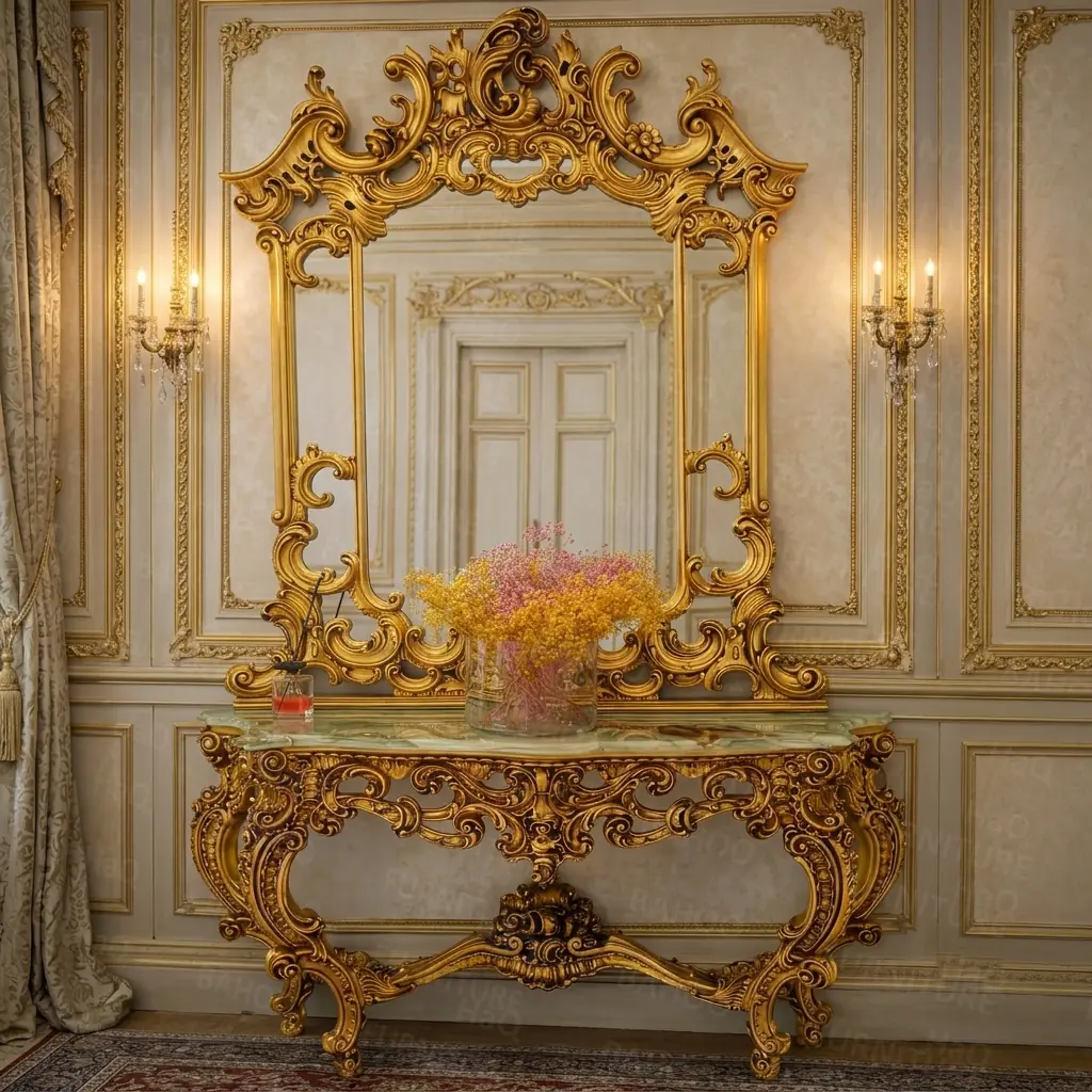 Handcrafted antique console table in rosewood with a hand-carved wooden mirror frame and golden finish by HB Furnitures Pakistan
