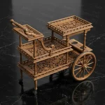 Luxury handcrafted rosewood bar cart with three carved tiers, wooden handle, decorative wheels, and caster wheels.