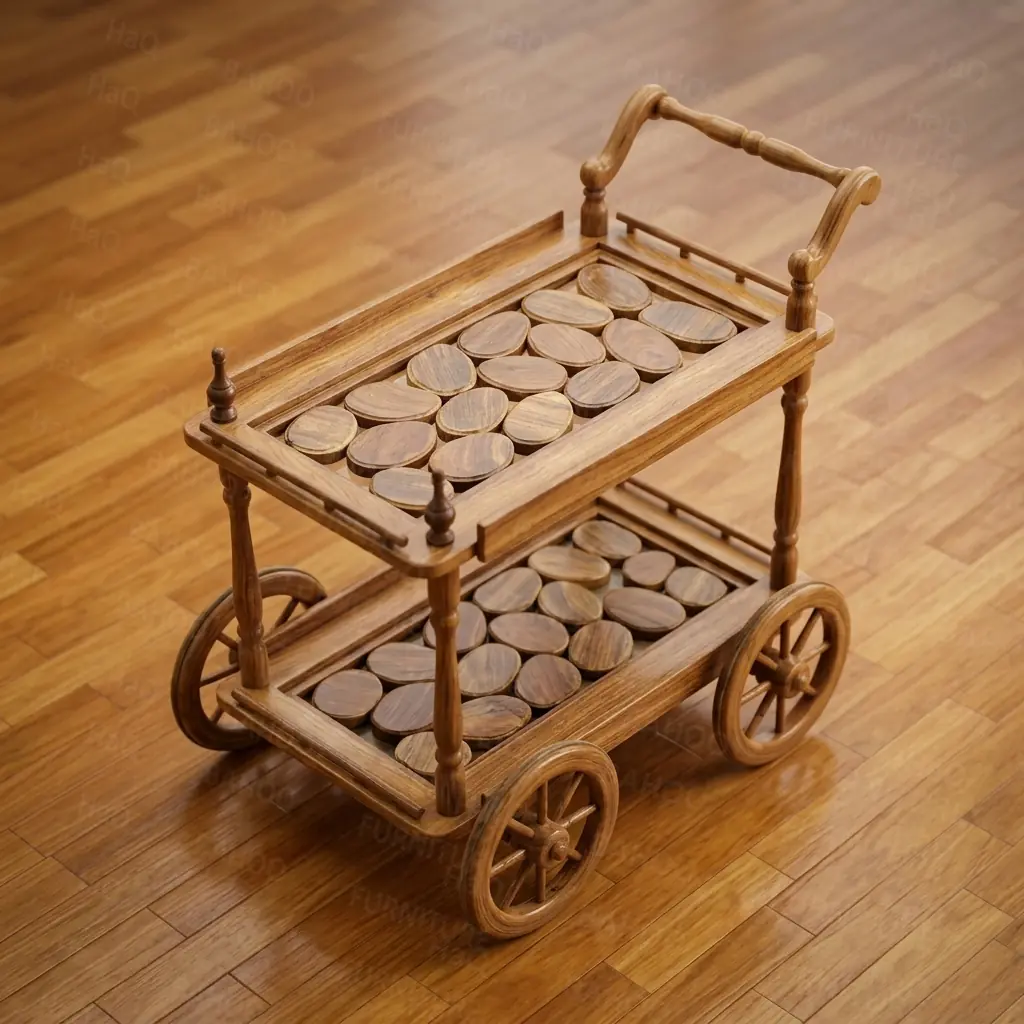 Handcrafted bar cart modern design with solid wood tiers and wheels by HBFurnitures, contemporary handmade trolley for home.
