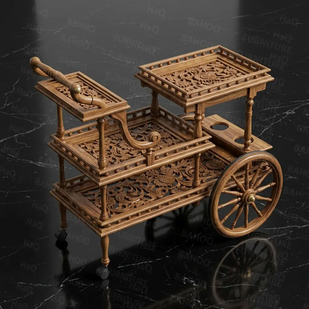 Luxury handcrafted rosewood bar cart with three carved tiers, wooden handle, decorative wheels, and caster wheels.
