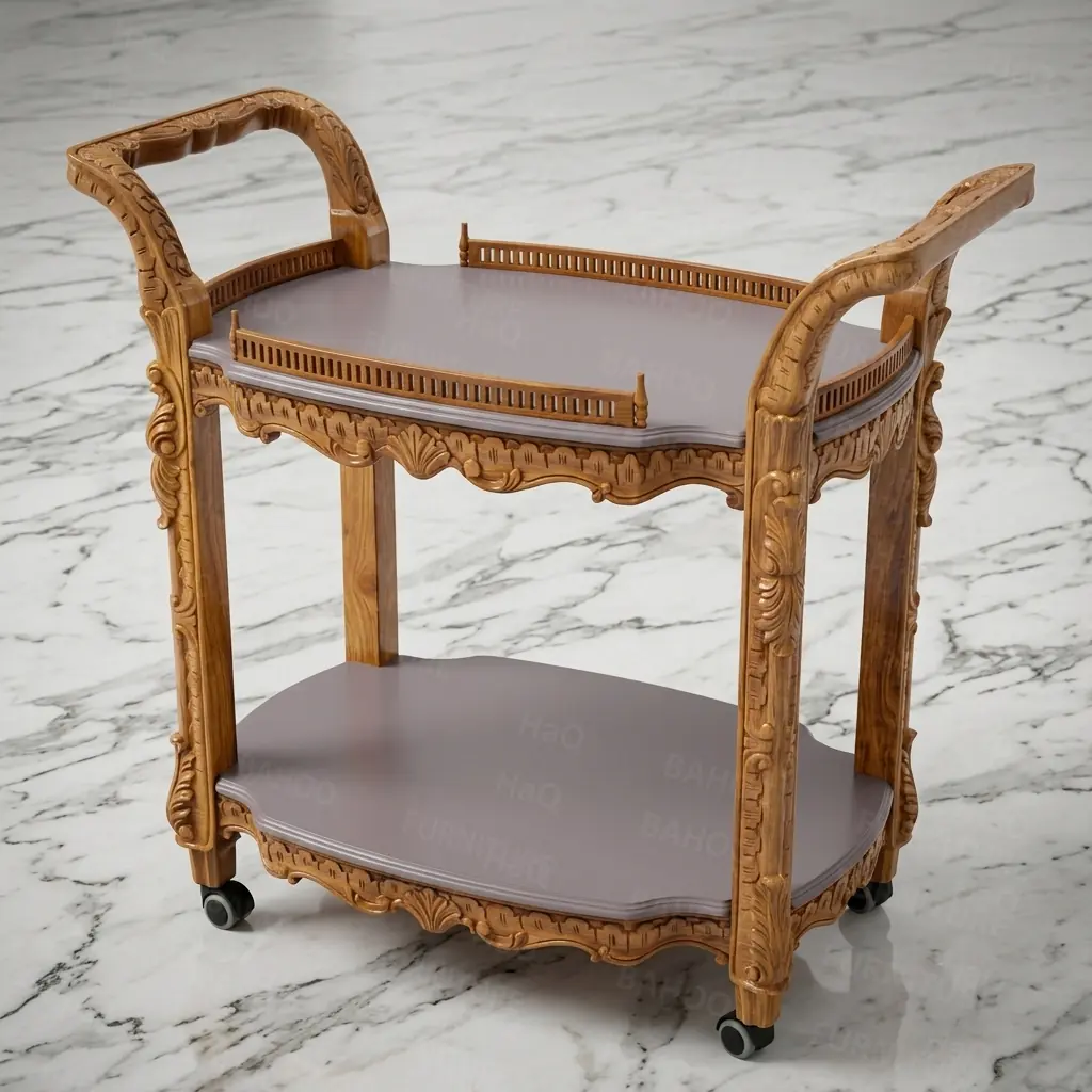 Handcrafted beverage cart with light walnut finish, two shelves, carved details, side handles, and caster wheels.