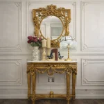 Handcrafted console table decor in rosewood with a golden hand-carved square mirror frame by HB Furnitures Pakistan