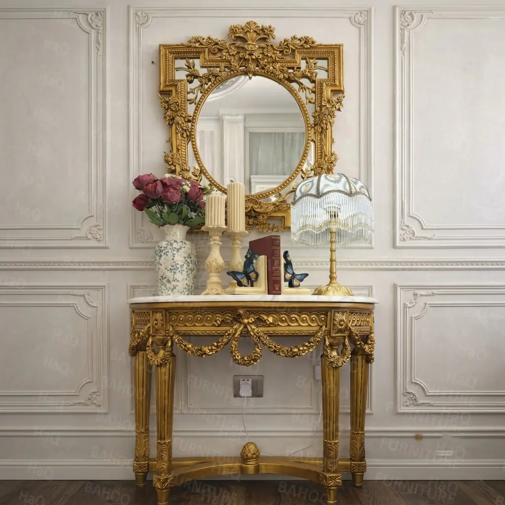 Handcrafted console table decor in rosewood with a golden hand-carved square mirror frame by HB Furnitures Pakistan
