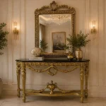 Handcrafted wooden console table with black top and antique golden mirror frame by HB Furnitures Chiniot Pakistan