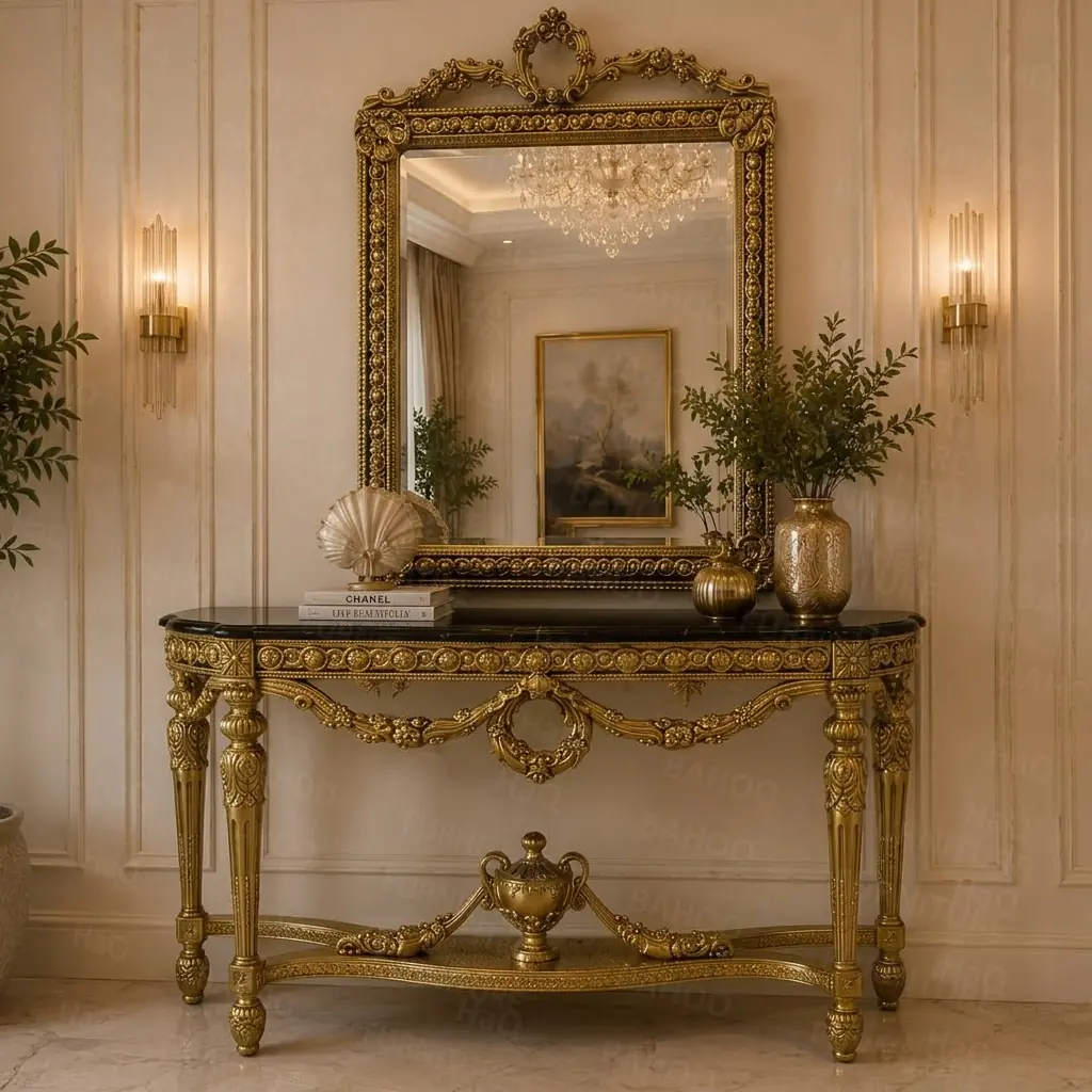 Handcrafted wooden console table with black top and antique golden mirror frame by HB Furnitures Chiniot Pakistan