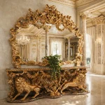 Handcrafted console table Pakistan with hand-carved wooden lions, see-through carving, golden finish, and mirror frame by HB Furnitures