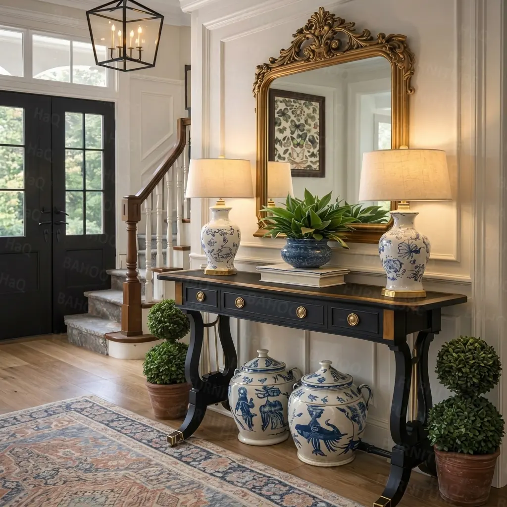 Luxury console table with storage and carved golden mirror frame handcrafted from rosewood by HB Furnitures