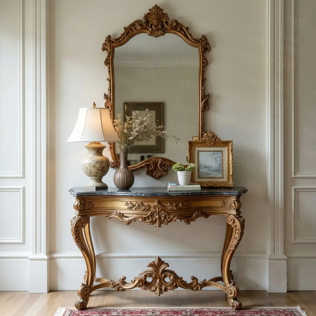 console table Handcrafted rosewood console table with hand-carved mirror frame in antique gold finish by HB Furnitures