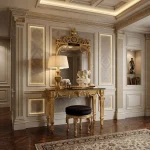 Handcrafted console table in golden light antique finish with matching mirror frame by HB Furnitures Chiniot Pakistan