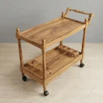 Handcrafted contemporary bar cart with solid wood tiers and wheels by HBFurnitures, modern handmade trolley for home bar.
