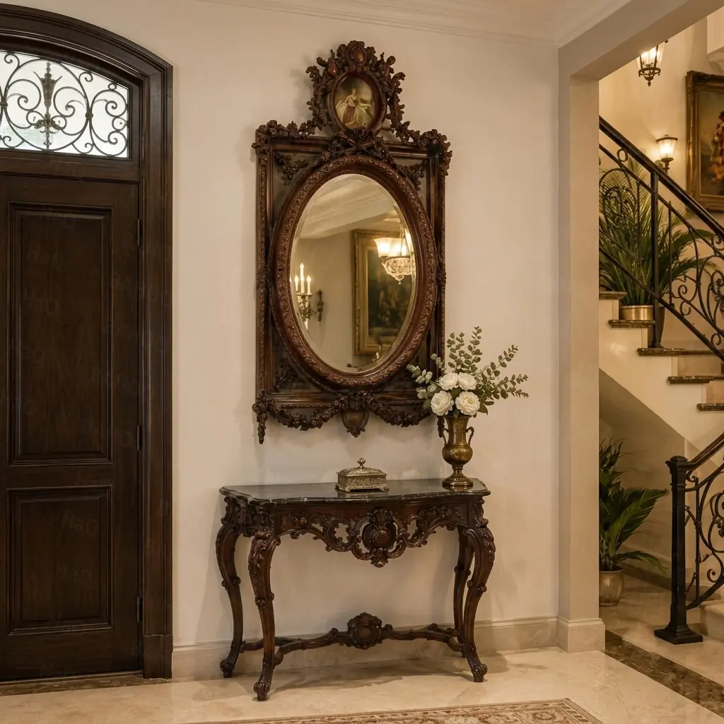 Designer console in solid wood with hand-carved wooden mirror frame and natural light brown polish finish.