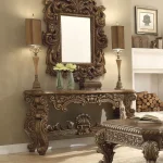Handcrafted elegant console table in walnut brown matte finish with matching wooden mirror frame by HB Furnitures Chiniot Pakistan
