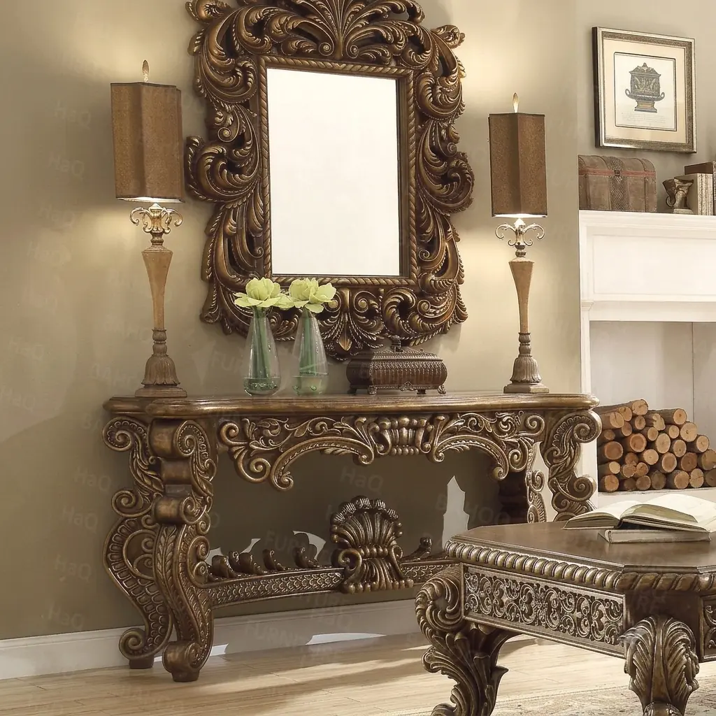 elegant console Handcrafted elegant console table in walnut brown matte finish with matching wooden mirror frame by HB Furnitures Chiniot Pakistan