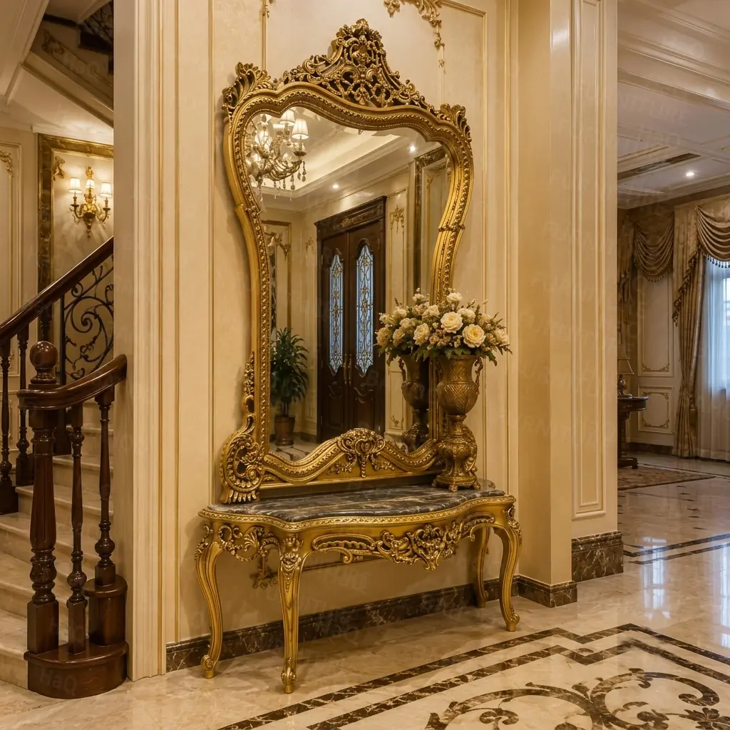 Handcrafted entrance console table with marble top and hand-carved golden mirror frame by HB Furnitures Pakistan