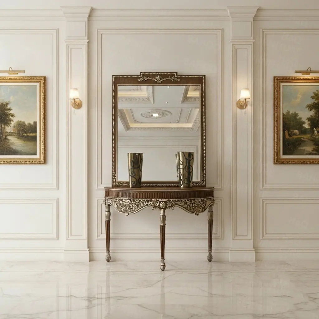 Luxury entrance table with hand-carved wooden mirror frame in natural wood polish and golden accents by HB Furnitures