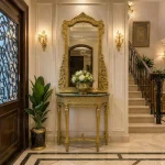 Luxury entryway console with hand-carved golden mirror frame handcrafted from rosewood by HB Furnitures