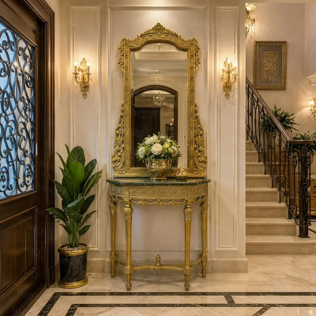 Luxury entryway console with hand-carved golden mirror frame handcrafted from rosewood by HB Furnitures