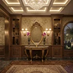 Handcrafted European console table with golden finish, black accents, white beach marble top, and matching hand-carved mirror frame by HB Furnitures