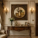 French console table with round mirror in antique walnut finish, handcrafted solid wood with elegant Louis XV carving for luxury entryways.